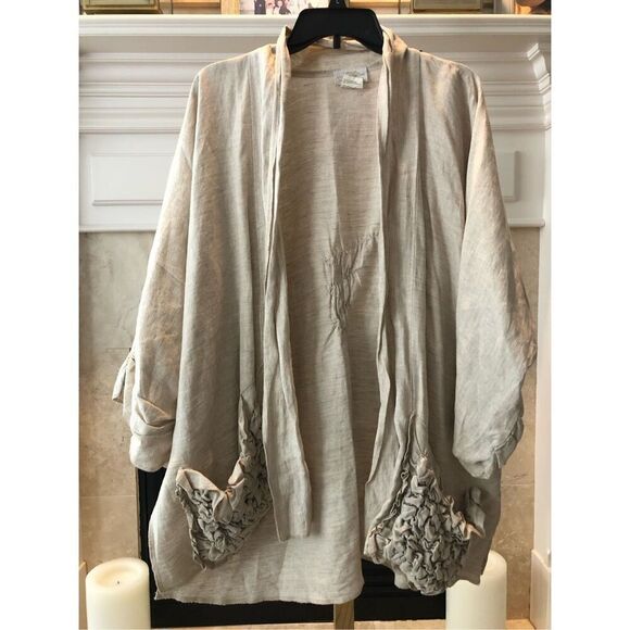 Linda Lundstrom Women’s Natural Linen Beige Tan Shawl Cardigan Jacket Size 12 - Picture 1 of 7